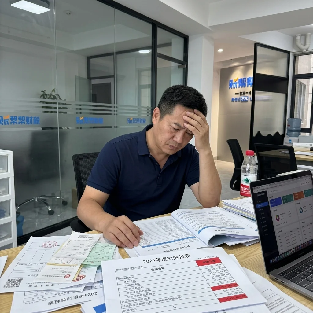 惠州企业老板面对凌乱的财务报表和发票感到困惑