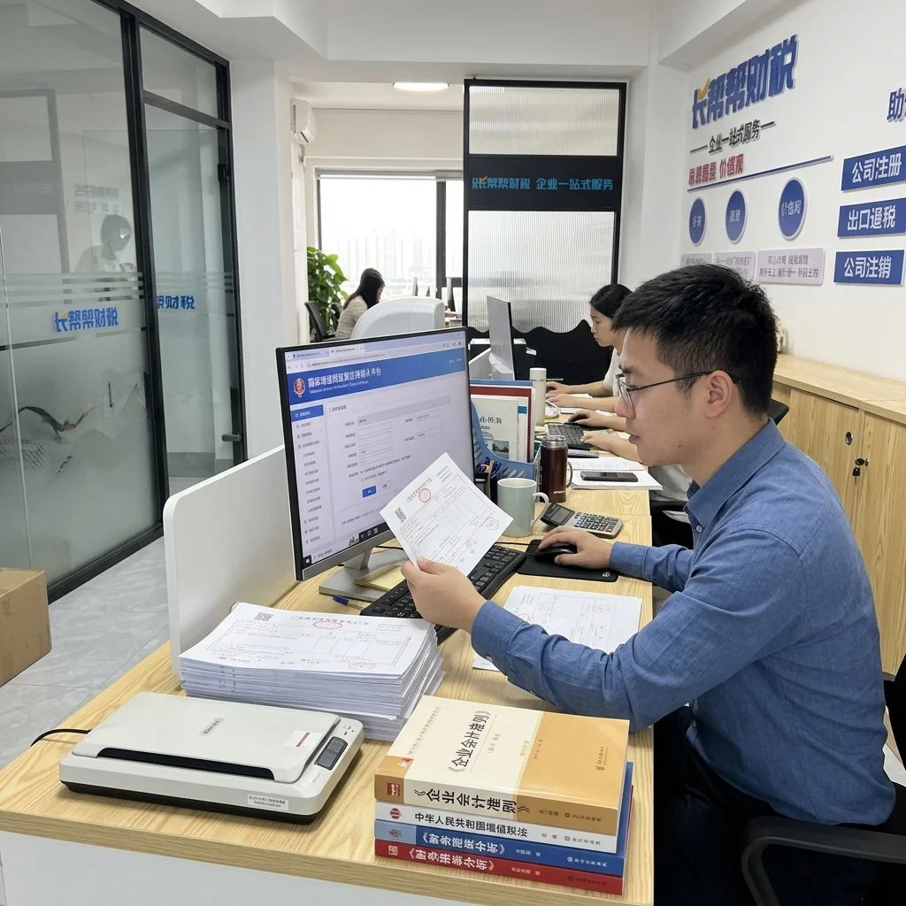 账帮帮财税工作人员在电脑上进行发票核验