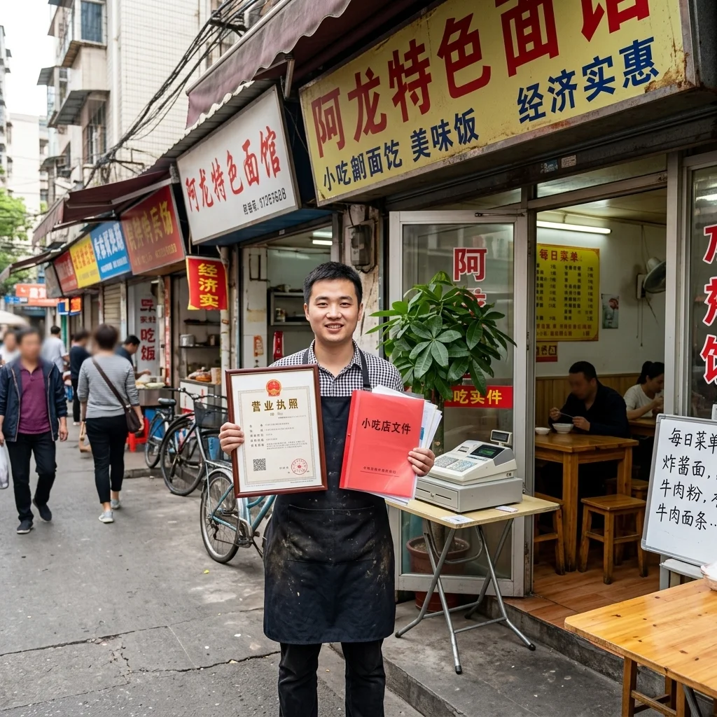 惠州个体户餐饮店老板手持营业执照在店门口