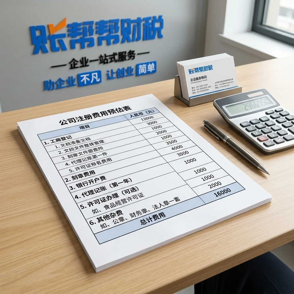 惠州账帮帮财税办公桌上的公司注册费用预估表