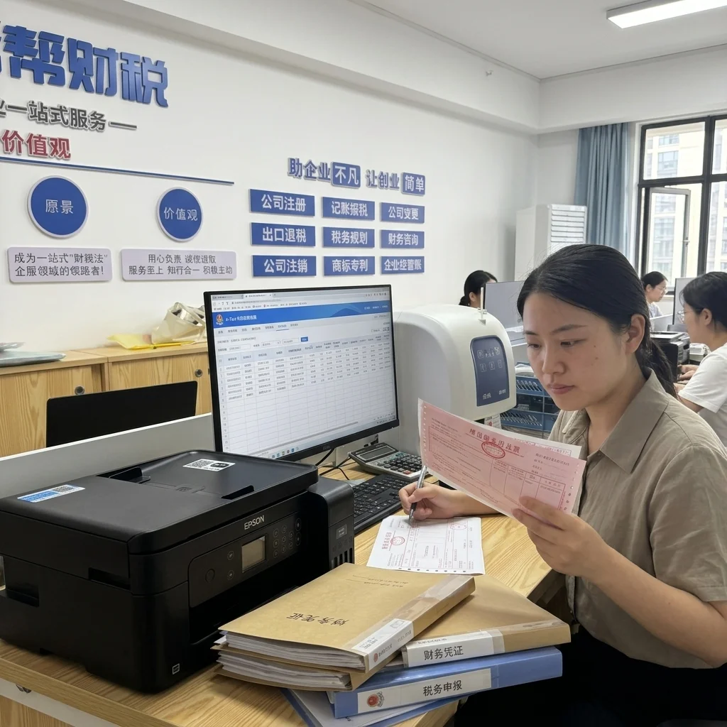 账帮帮财税工作人员核对增值税专用发票与电脑数据