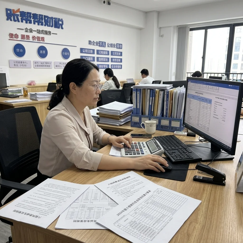 账帮帮财税工作人员在电脑前计算六税两费减半金额