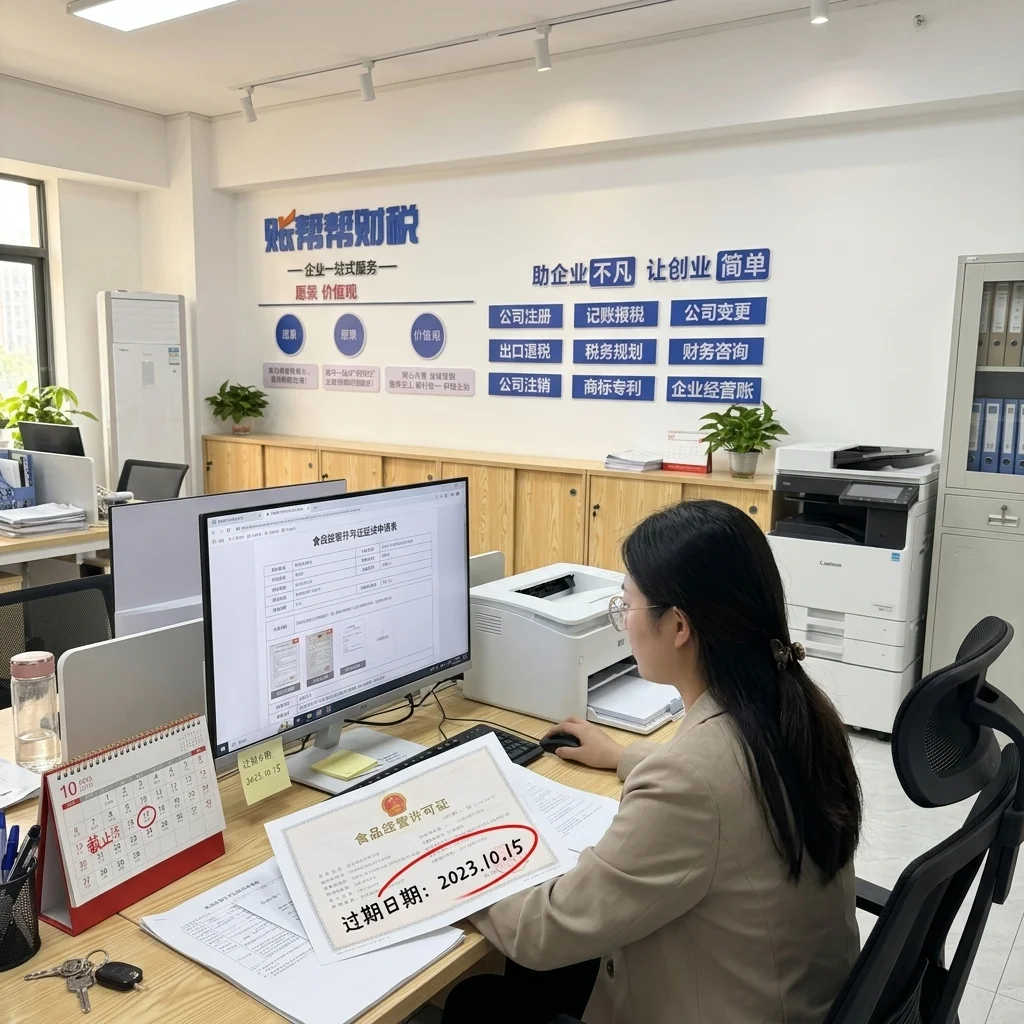 惠州账帮帮财税员工在电脑上处理食品经营许可证续期申请