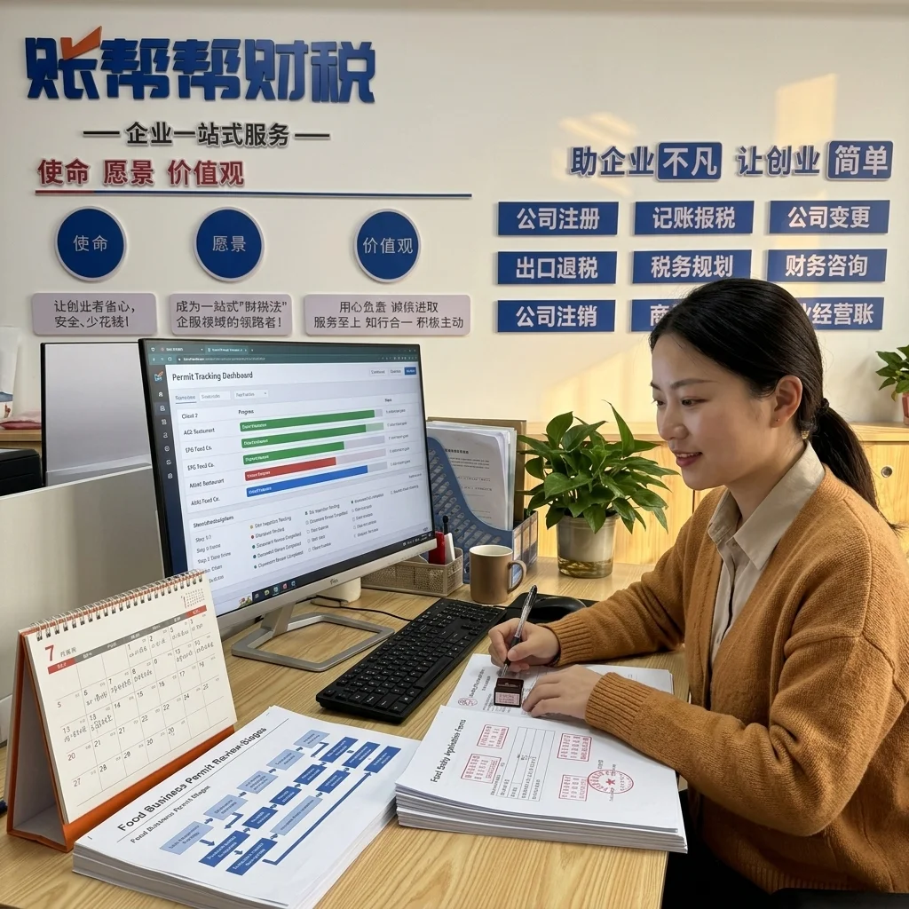惠州账帮帮财税员工在电脑上跟进食品经营许可证审批进度
