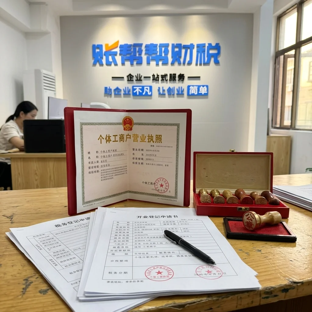 惠州账帮帮财税办公桌上的个体户营业执照和印章