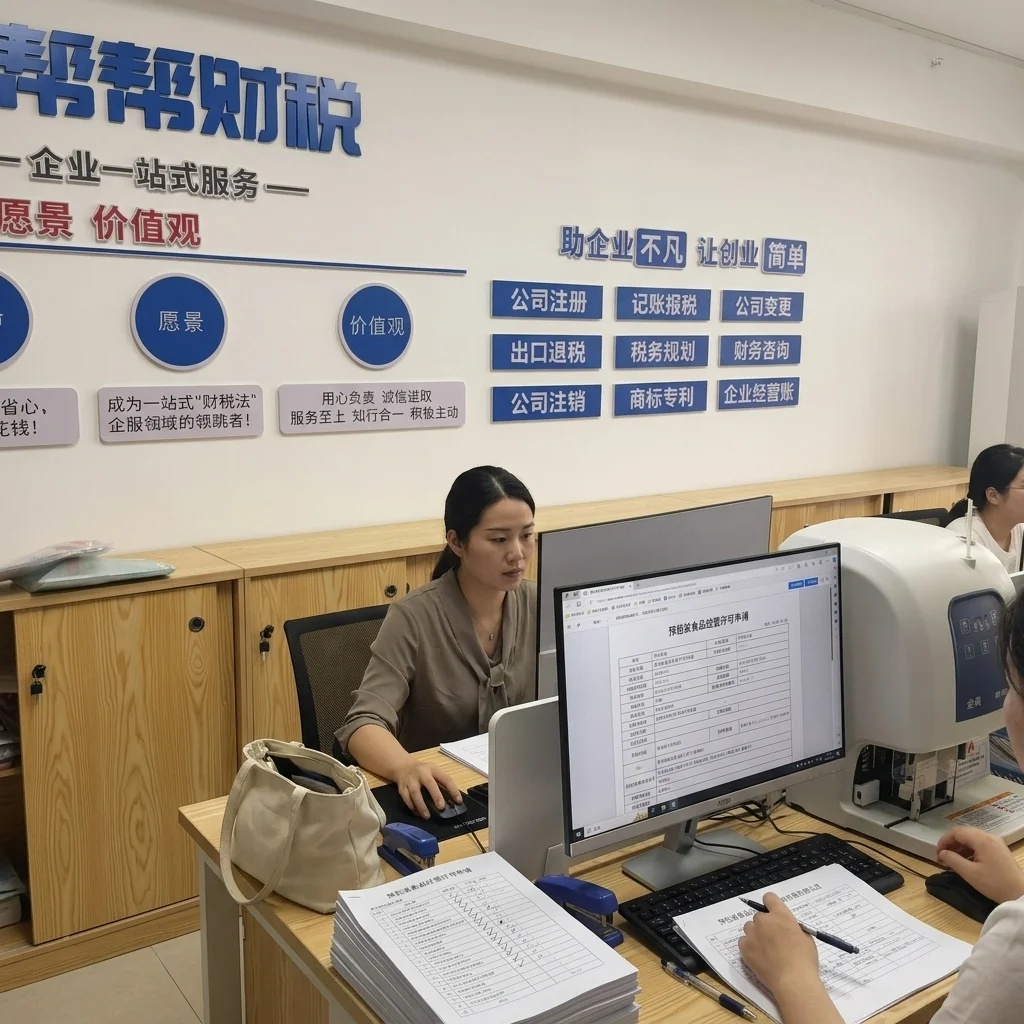 惠州账帮帮会计在办公室处理预包装食品经营许可申请